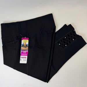 NWT NYGARD Slims Capri Leggings Black Large Pull On Slimming Lattice Rhinestone